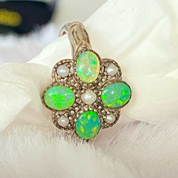 Green Fire Opal Pearl ring 6.5 925 Sterling Silver Filigree Ring - Picture 1 of 6